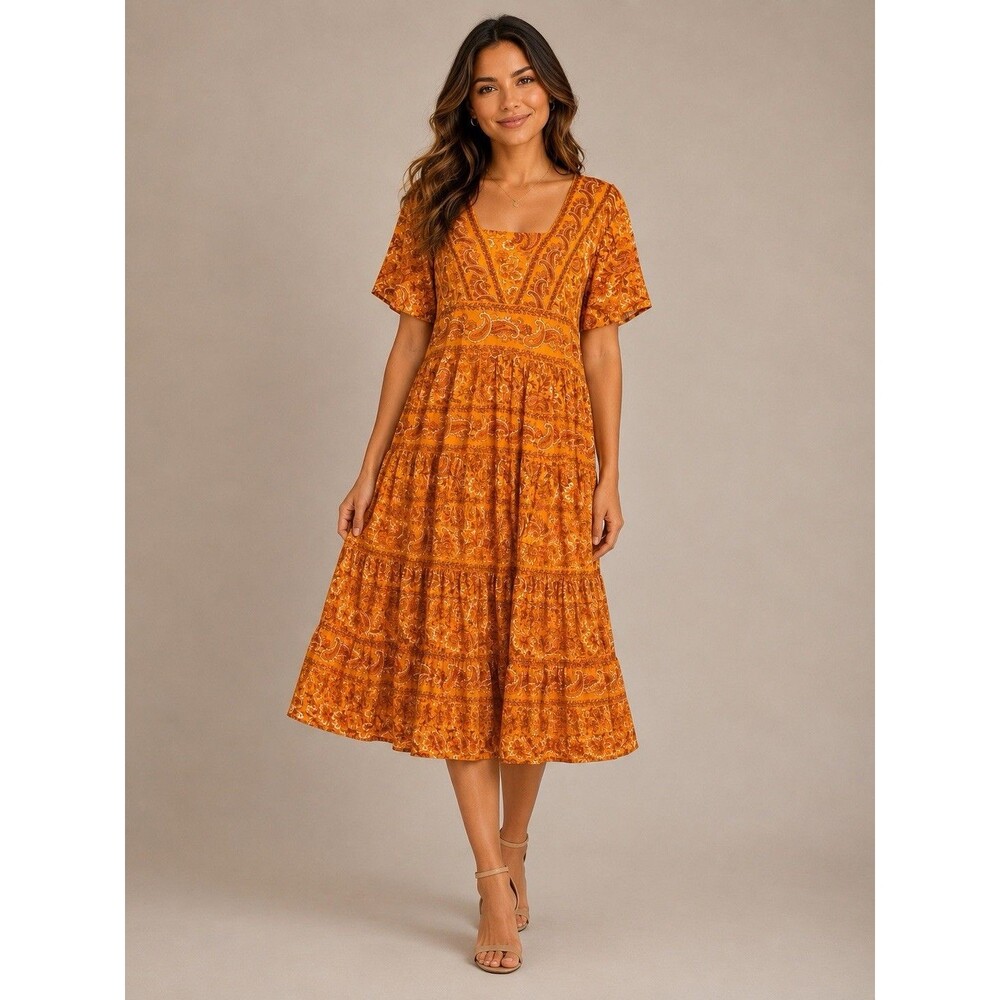 Bila Floral Paisley Midi Tiered M Dress Paisley Fall Floral Gauze Marigold NWT